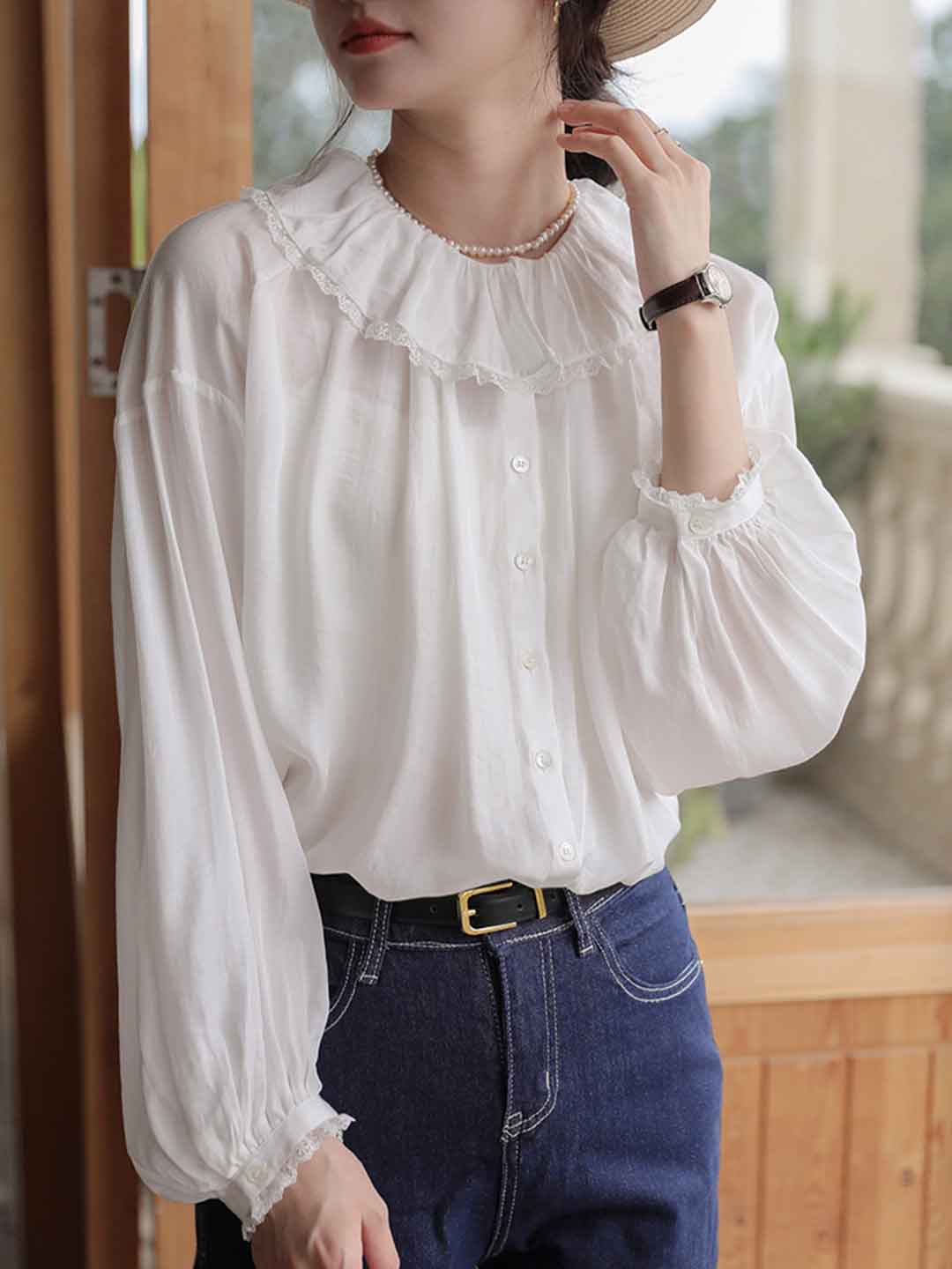 Maria Retro Doll Collar Lantern Sleeve Ruffle Top
