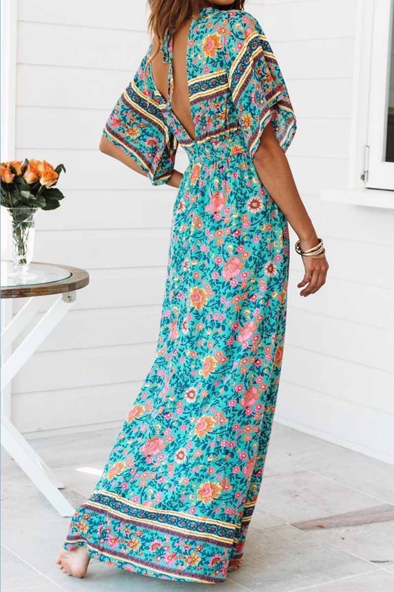 Floral Printed Blue Ankle Length Dress