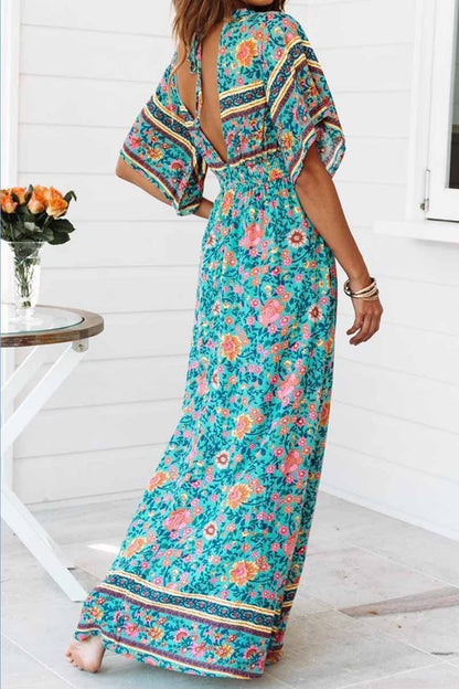 Floral Printed Blue Ankle Length Dress