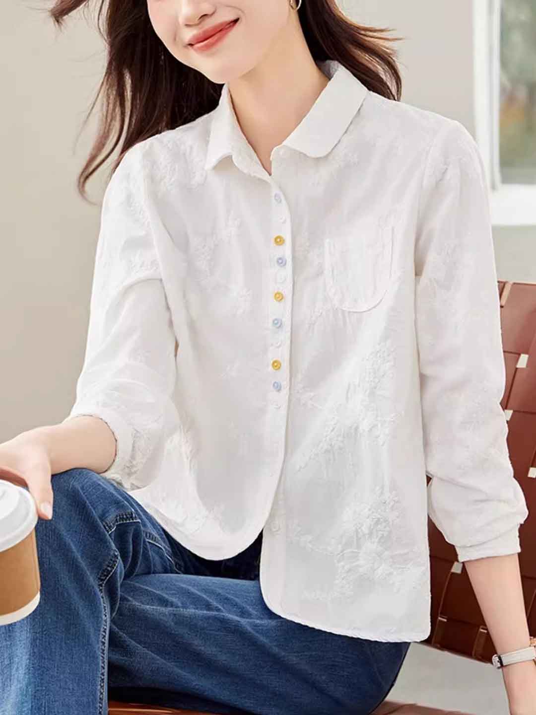 Molly Loose Lapel Solid Color Embroidered Shirt