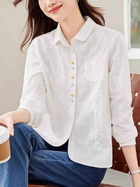 Molly Loose Lapel Solid Color Embroidered Shirt