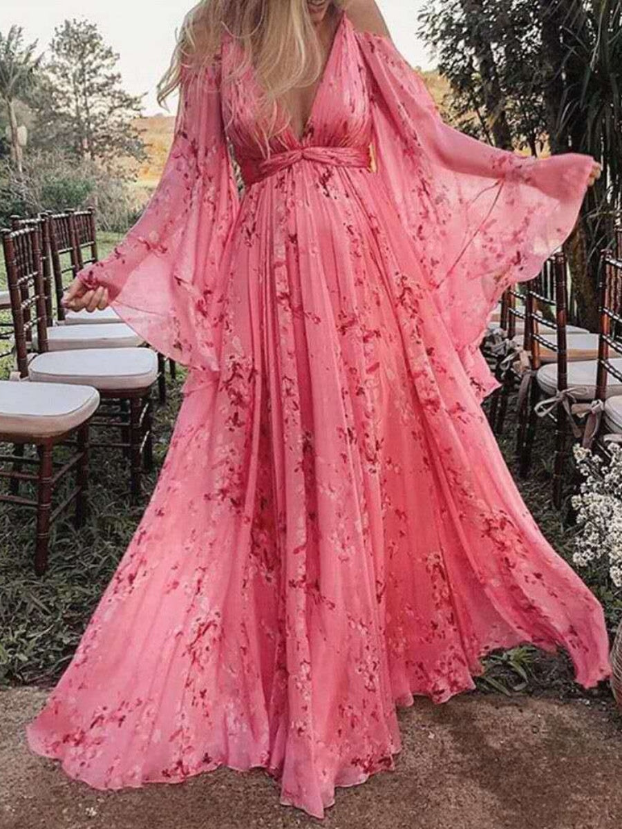 V-neck Long Sleeve Floral Maxi Dresses