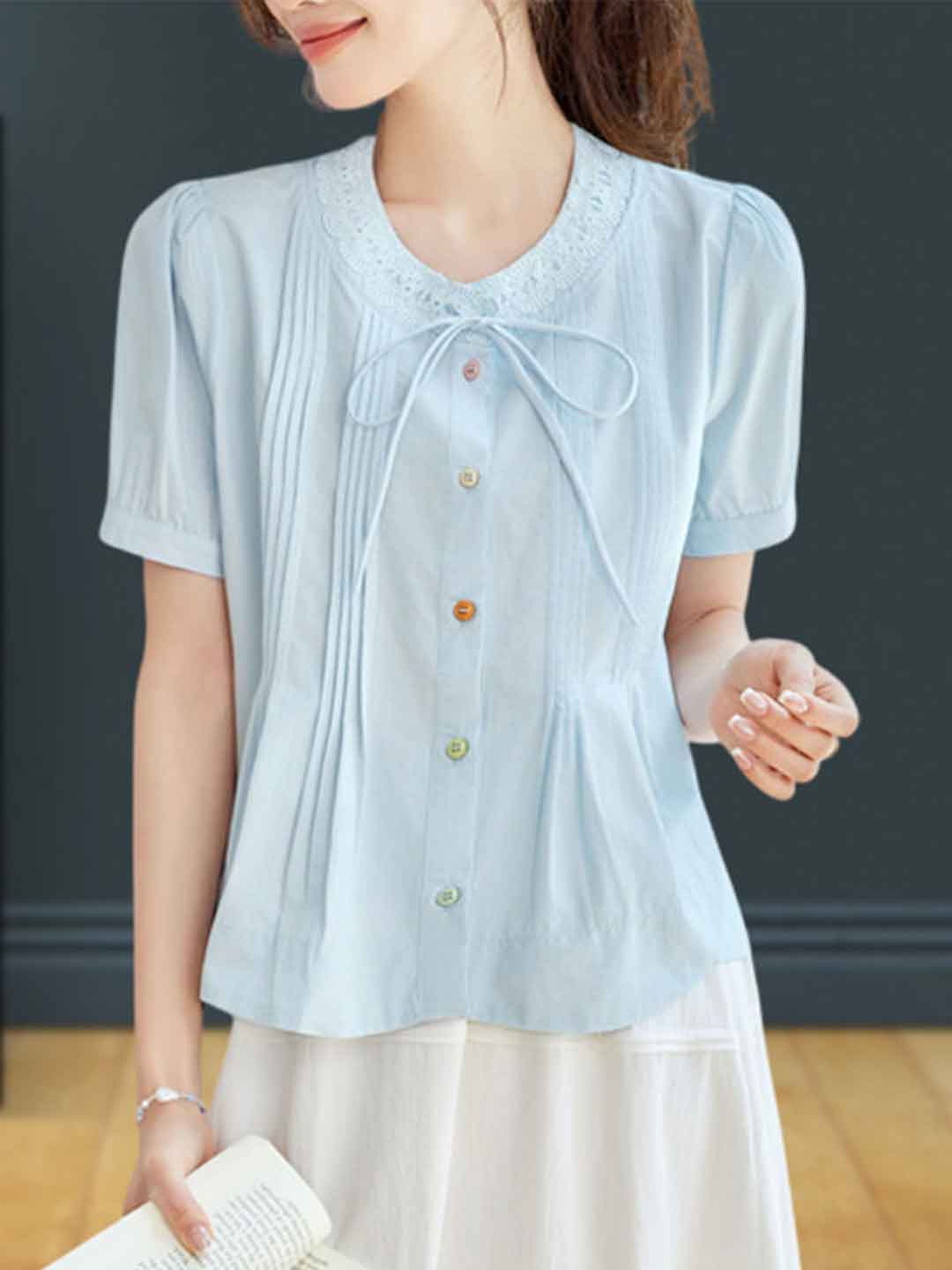 Maya Loose Crew Neck Puff Sleeve Bow Tie Top