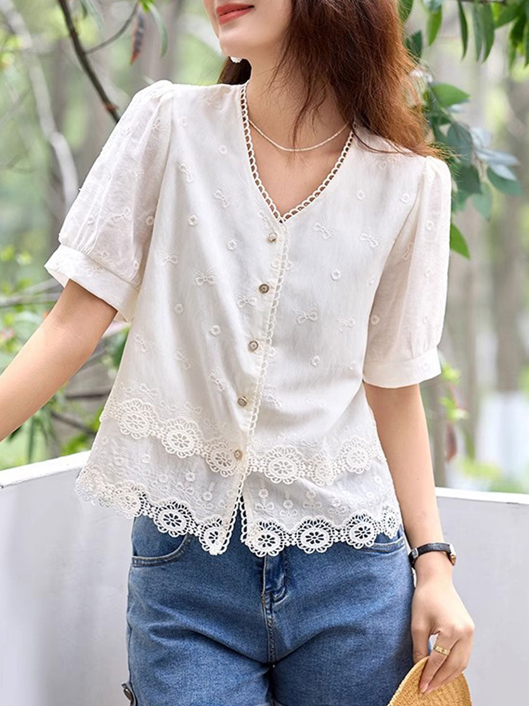 Maya Loose V-Neck Hollowed Lace Top