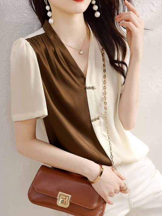 Rachel Classic V-Neck Puff Sleeve Contrasted Color Shirt