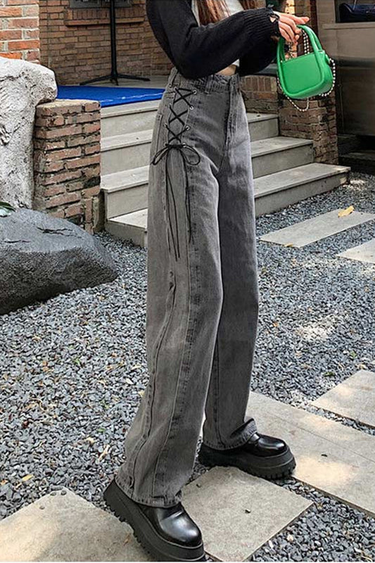 High Waist Side Tie Long Grey Jeans Pants