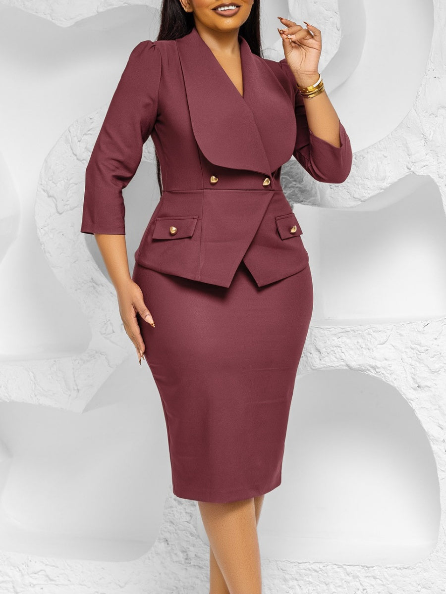 Large Lapel Three-quarter Sleeves Commuting Hip-hugging Midi Dresses