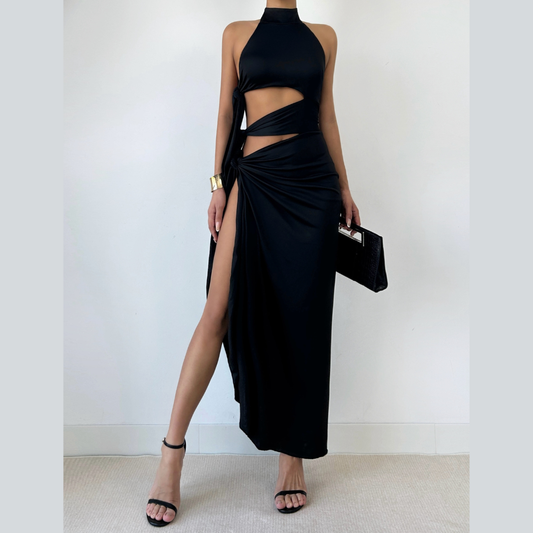 Halter hollow out irregular button slit cut out maxi dress  | Festival Outfits Women
