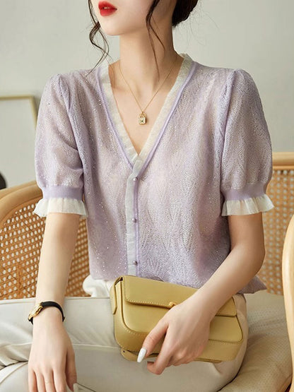 Kayla Elegant V-neck Auricular Knitted Sweater-Purple