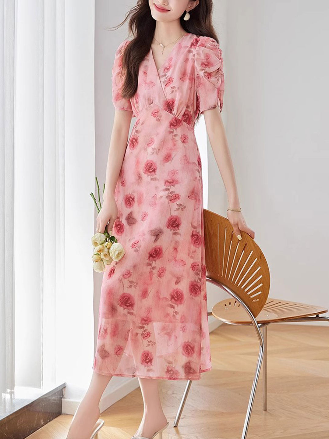 Kaitlyn Elegant V-Neck Printed Tie Dress