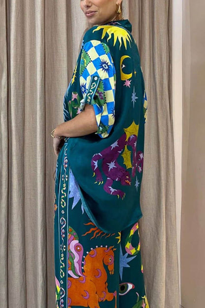 Conjunto de pantalones anchos con bolsillos y cintura elástica con estampado único