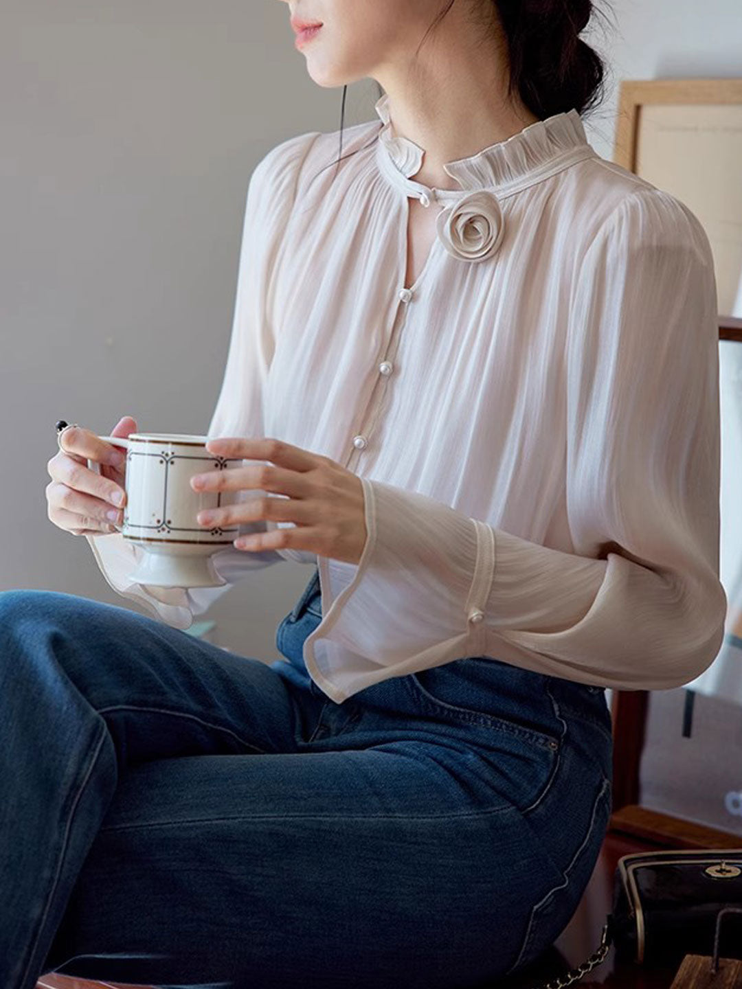 Makayla Elegant V-Neck Pleated Floral Shirt