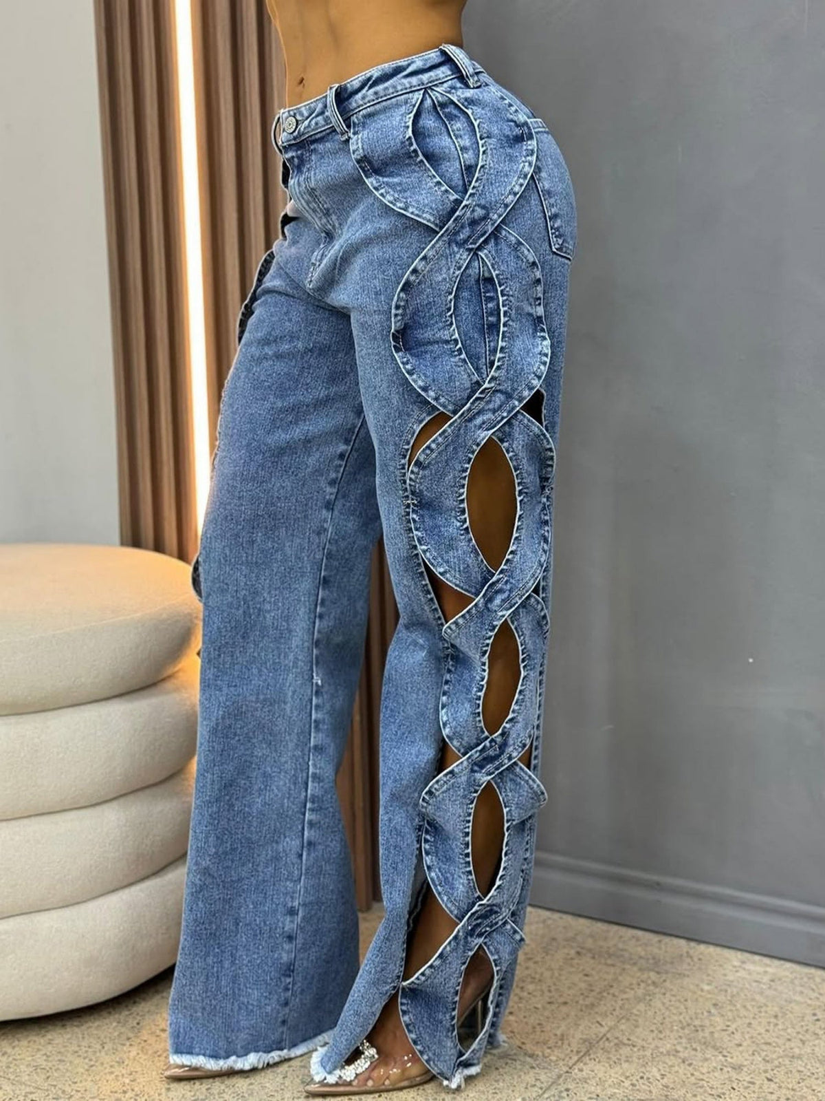 Y2K Hollowed-out Side Splicing Design Jeans