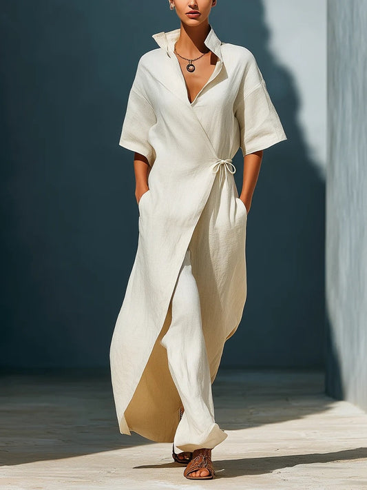 Casual V-neck Short-sleeved Tie-waist Solid Color Maxi Dresses