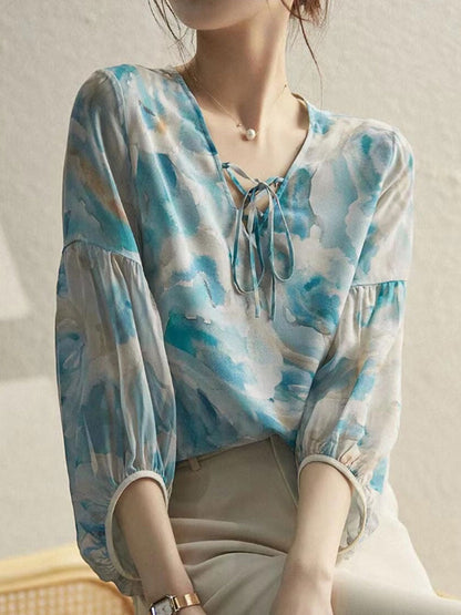 Olivia Loose V-Neck Puff Sleeve Printed Top