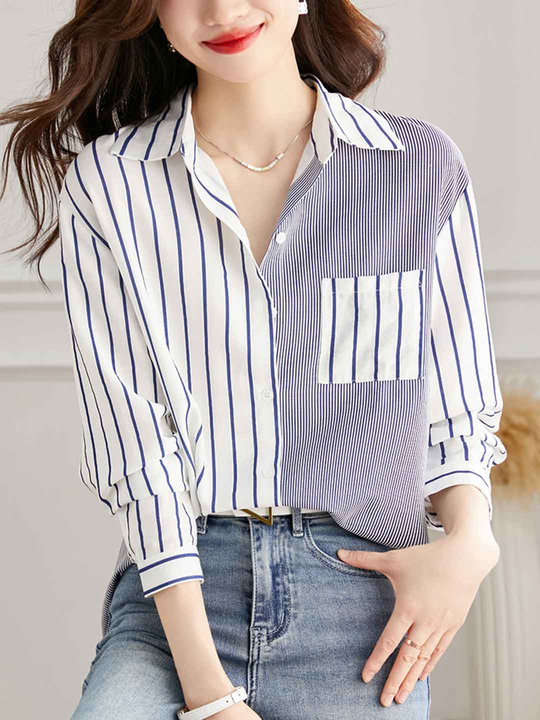 Khloe Loose Polo Collar Striped Patchwork Shirt