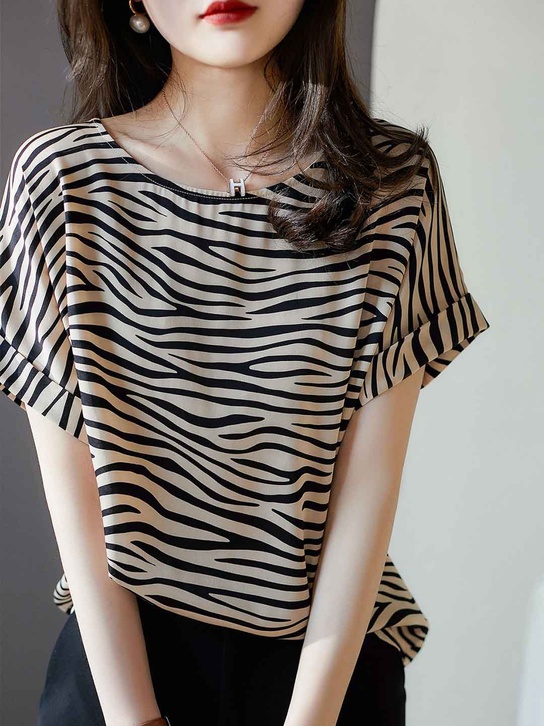 Valeria Loose Crew Neck Striped Chiffon Top