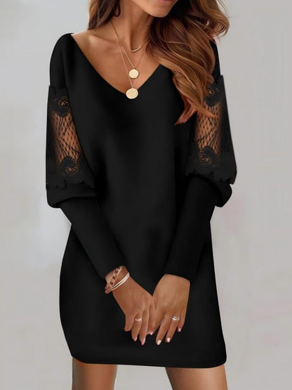 V-neck Long Sleeve Lace Stitching Knitting Mini&Short Dresses