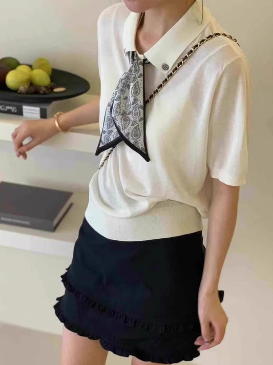 Maria Elegant Polo Collar Knitted Top-Navy Blue