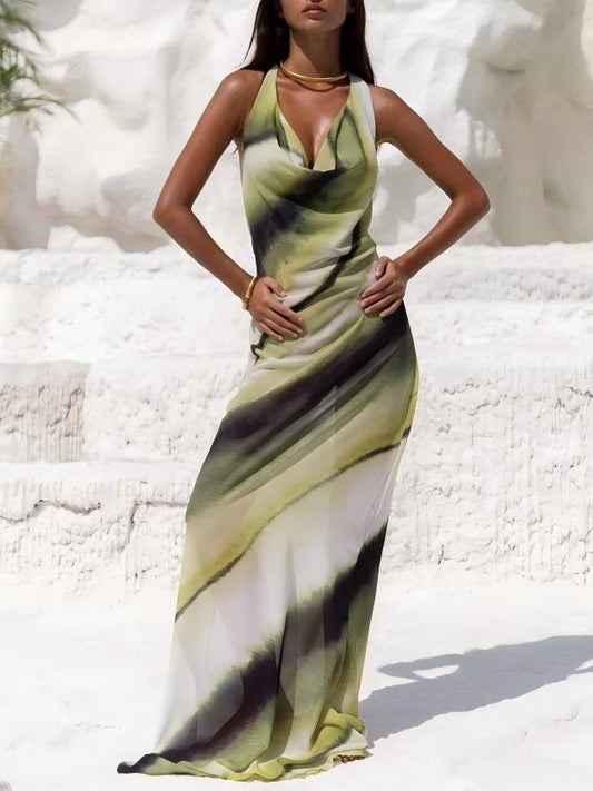 Gradient Print V-neck Slim-fit Bodycon Backless Long Dress