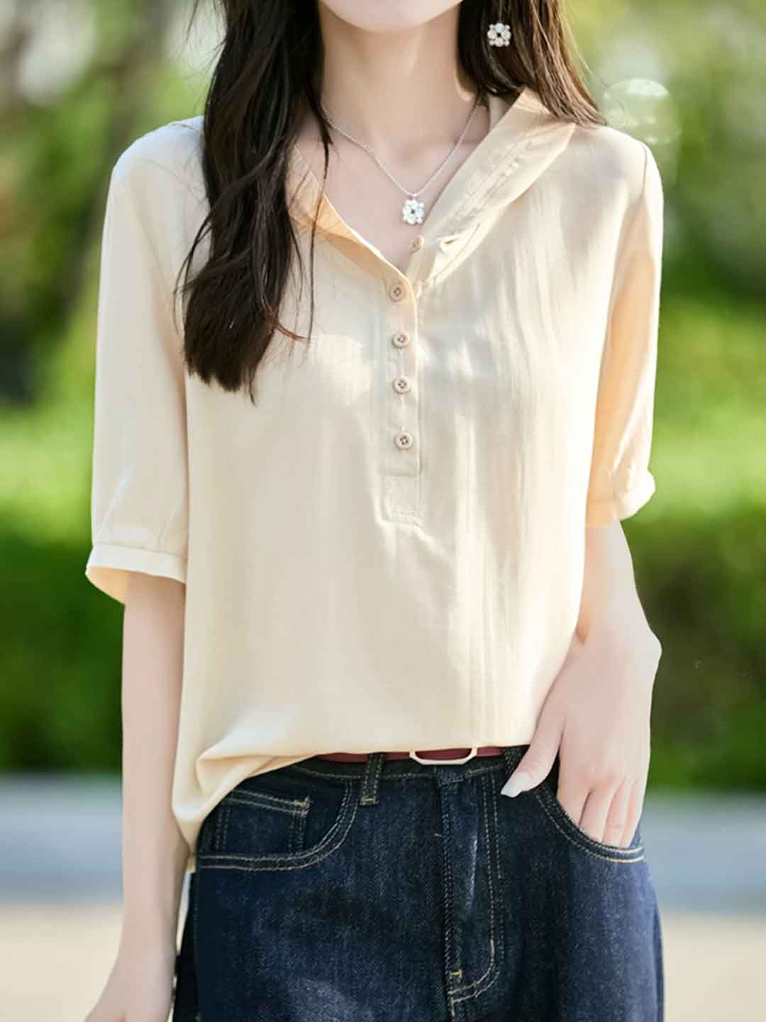 Mya Casual V-neck Solid Color Hooded Shirt