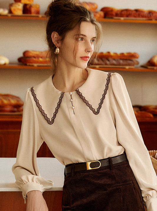 Lauren French Style Embroidered Doll collar Chiffon Blouse