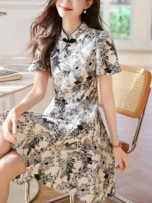 Mariah Elegant High Collar Buttons Printed Dress