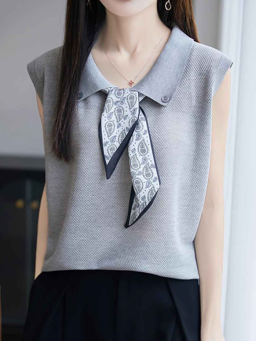 Katelyn Classic Lapel Scarf Sleeveless Knitted Top