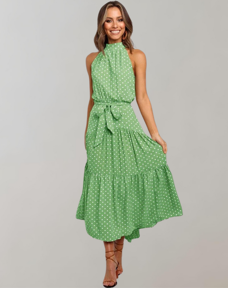 Vestido largo informal con cuello halter y estampado de lunares para mujer | Ideal para primavera/verano