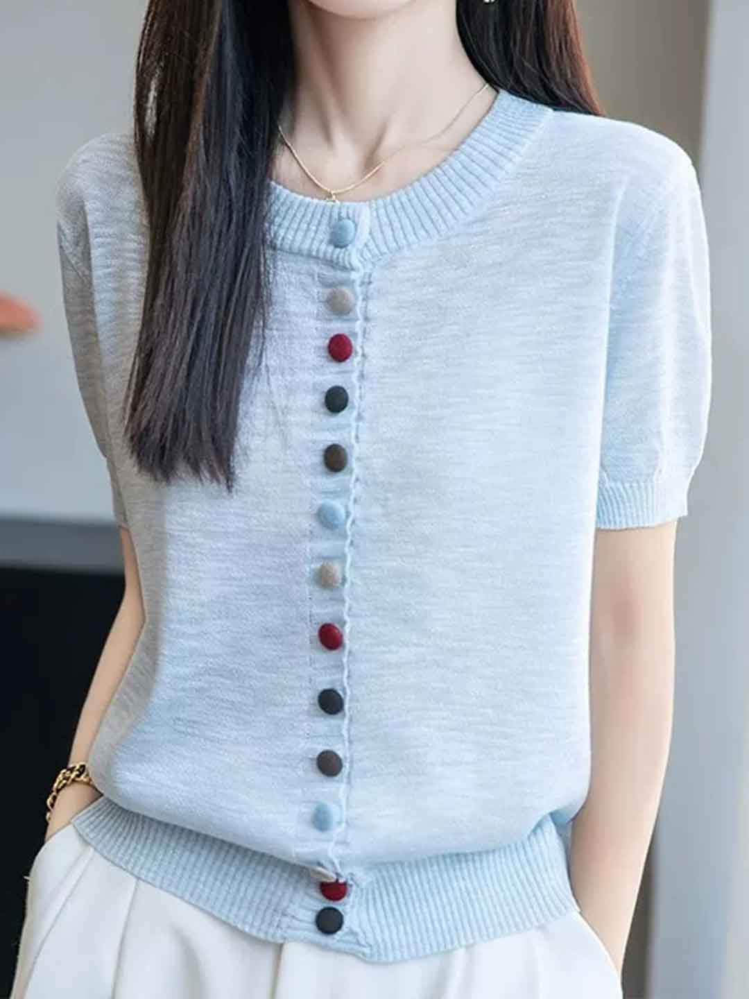 Mariah Loose Crew Neck Colorful Buttons Knitted Top