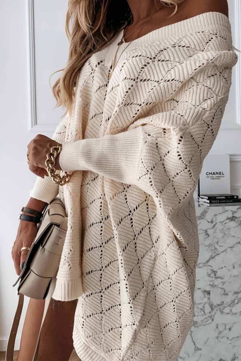 V-Neck Solid Color Hollow Bat Sleeve Sweater