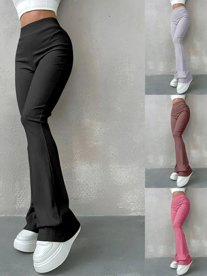 Women's Stretchy High Waisted Ribbed Flared Pants | Great for All Seasons
