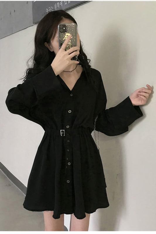 Long Sleeve Turn Down Collar Button Black Dress