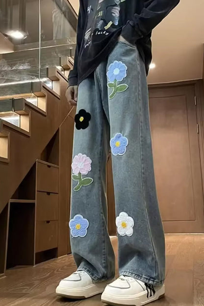 Casual Floral Embroidered Men Jeans Pants