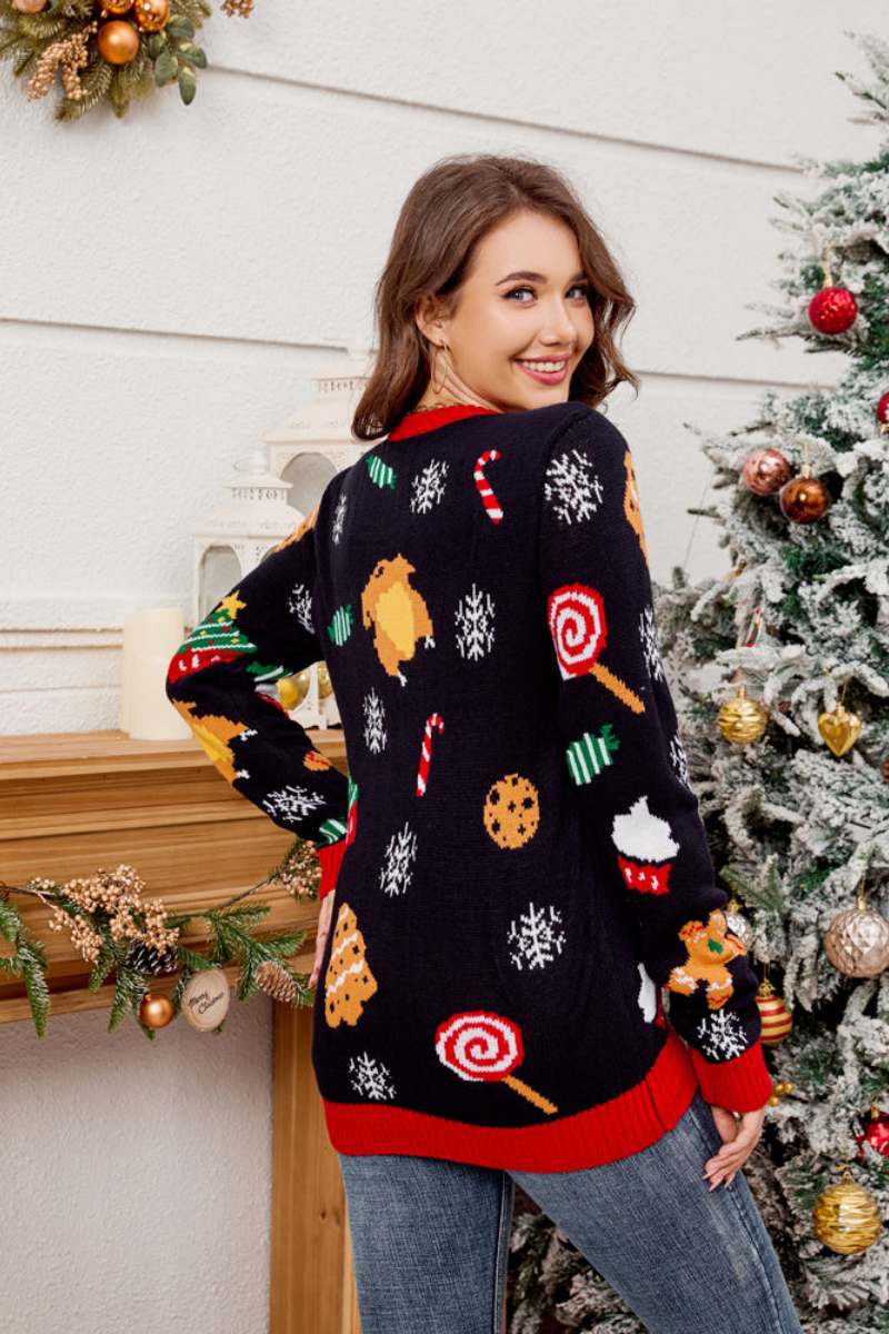 Suéter informal de cuello redondo con árbol de Navidad bordado 
