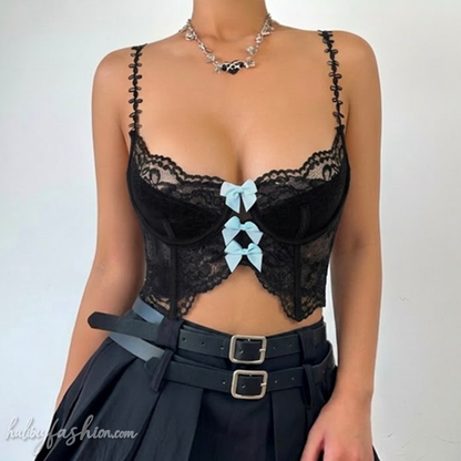 Bowknot lace contrast backless cami top