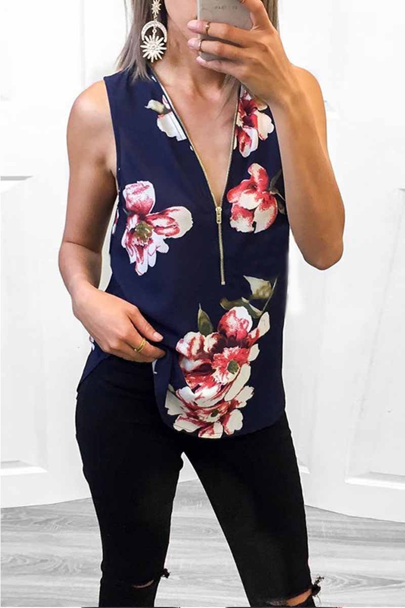 Summer Fashion Zipper Design Floral Tank Top