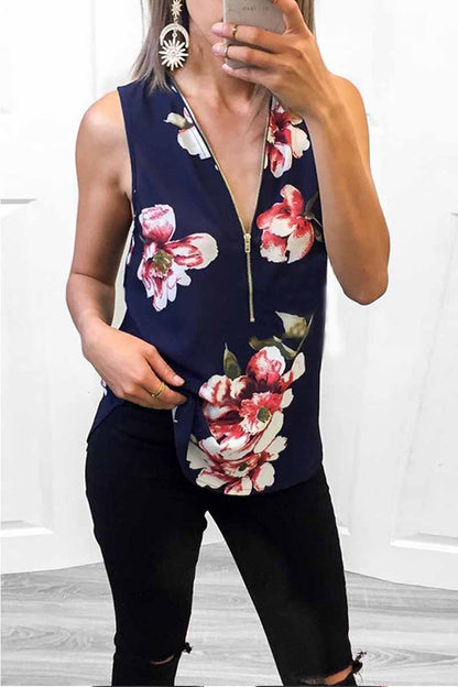 Summer Fashion Zipper Design Floral Tank Top