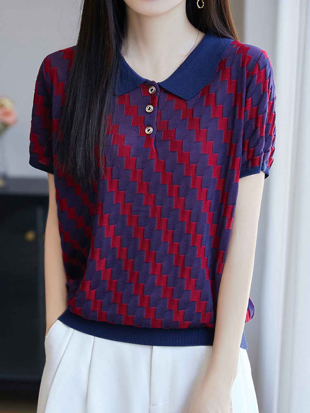 Maria Loose Lapel Jacquard Color-Block Knitted Top