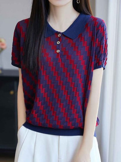 Maria Loose Lapel Jacquard Color-Block Knitted Top