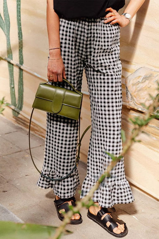 Loose Gingham Plaid Ruffled Length Pants