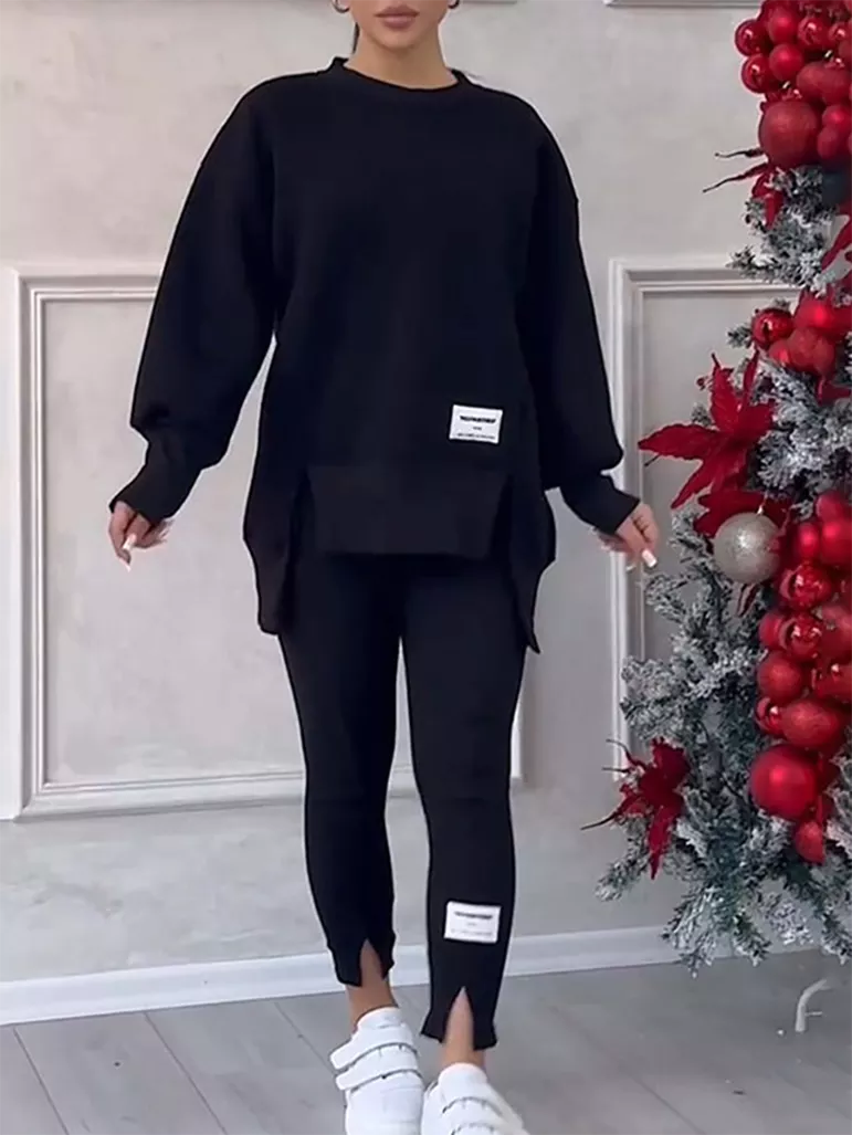 Conjunto elegante de jersey con parches y leggings para mujer | Ideal para otoño/invierno