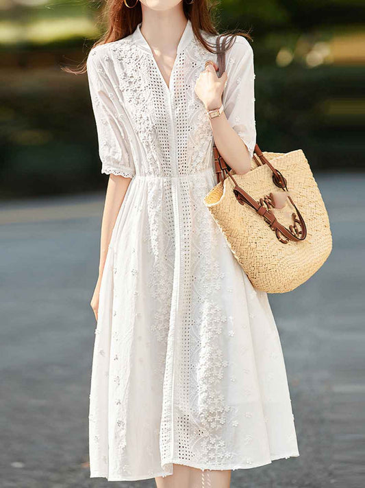 Kayla Classic V-Neck Solid Color Embroidered Dress