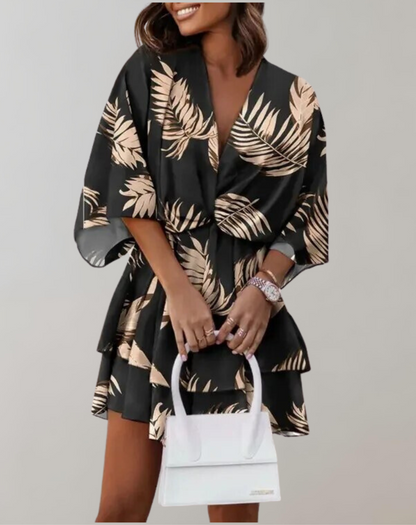 Vestido midi clásico con cuello en V y mangas murciélago para mujer | Ideal para primavera/verano