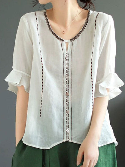 Faith Loose V-Neck Flare Sleeve Embroidered Top