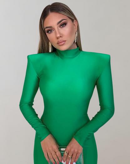 Women's Long Sleeve Maxi Dress with Turtleneck and Shoulder Pads