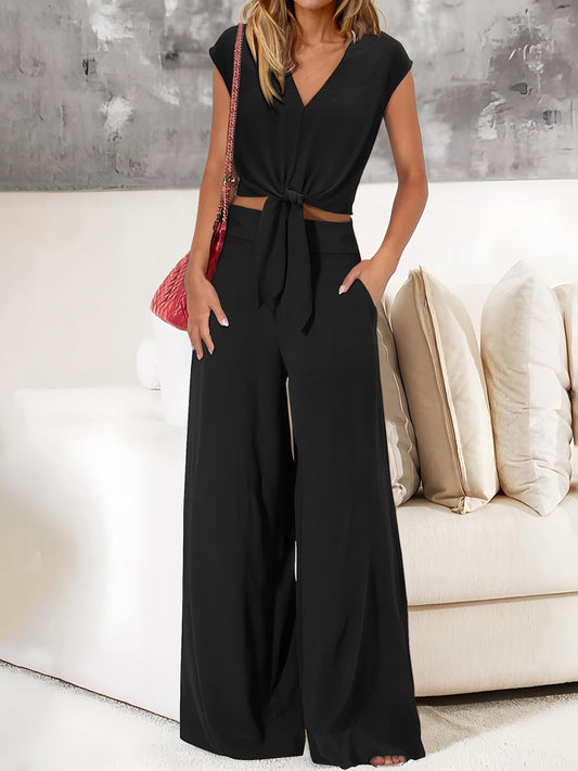 V-neck Tie-up Cropped Wide-leg Pants Two-piece Set