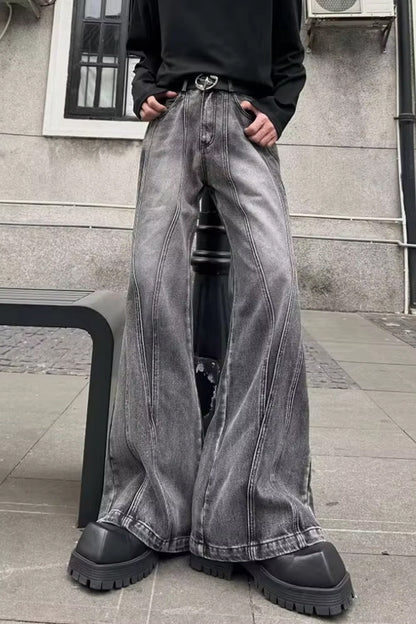 Retro Flare Style Washed Grey Jeans Pants