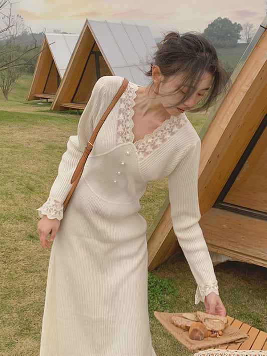 Layla French Style Lace Pearl Knitted Dress