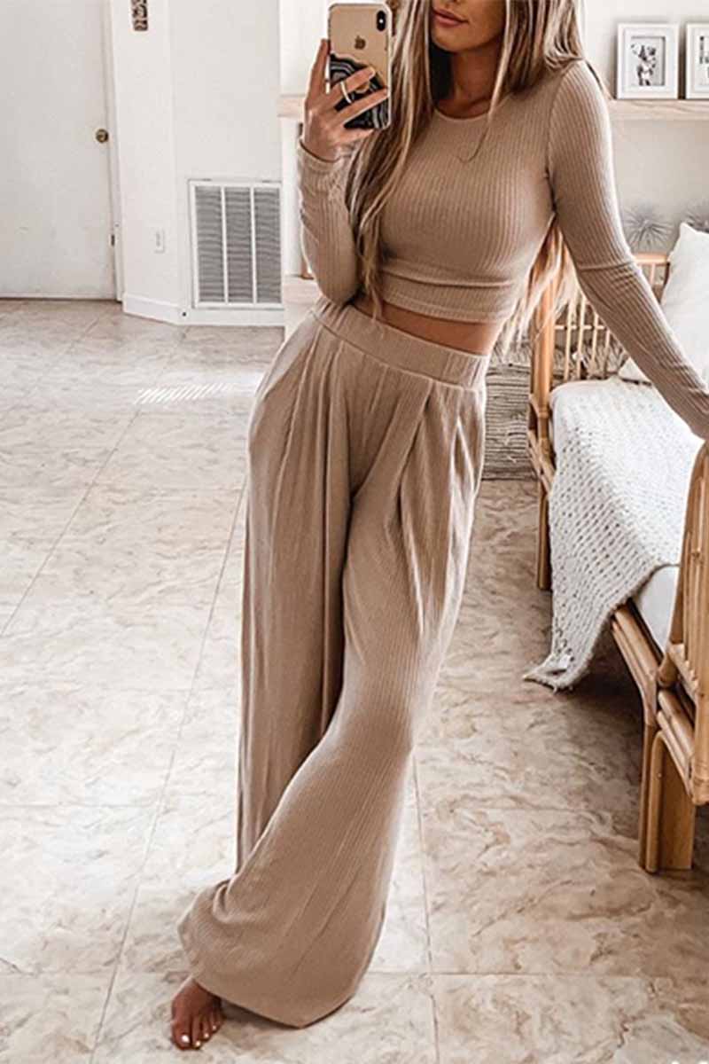 Two-Piece Round Neck Solid Color Long Sleeves Wide Legs(4 Colors)